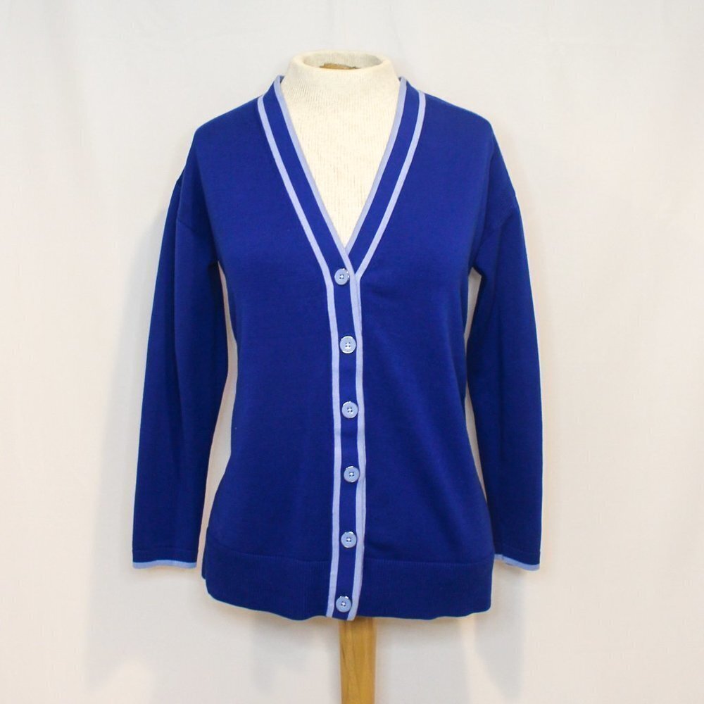 Talbots Royal Blue Contrast Trim Button Front V Neck Cardigan + Matching Shirt